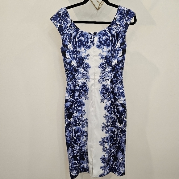 White House Black Market Slimming White Blue Floral Print Sheath Dress Size 2 - Picture 5 of 9